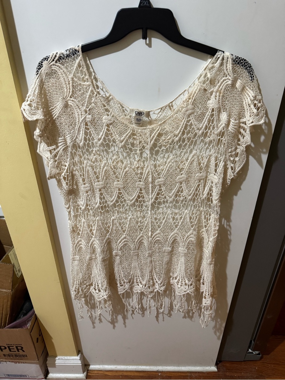 Cato Cream Crochet Fringe Short Sleeve Top